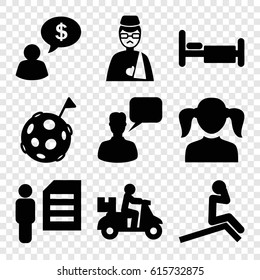 Person icons set. set of 9 person filled icons such as girl, chatting man, bed, man with broken arm, flag on moon
