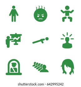 Person icons set. set of 9 person filled icons such as baby, airport officer, woman hairstyle, group, angry emot, push up, user bulb, teacher