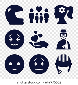 Person icons set. set of 9 person filled icons such as helmet, woman face with flower in hair, sad emot, upset emot, family, hand holding heart