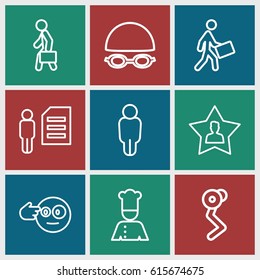 Person icons set. set of 9 person outline icons such as courier, favourite user, man with case, chef, swimming hat and glasses, head bang emot, user, man doing exercises