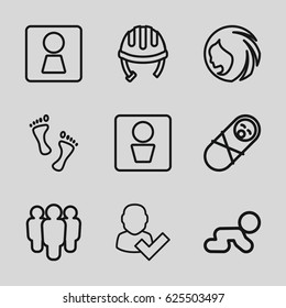 Person icons set. set of 9 person outline icons such as man WC, woman WC, helmet, woman hairstyle, foot, user and tick, group, newborn child