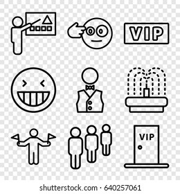 Person icons set. set of 9 person outline icons such as man with flags, vip, fountain, waiter, vip door, laughing emot, head bang emot, group