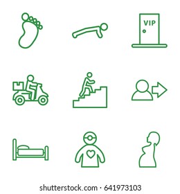 Person icons set. set of 9 person outline icons such as foot print, pregnant woman, doctor with medical reflector, vip door, man climbing stairs, delivery bike, user, bed