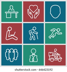 Person icons set. set of 9 person outline icons such as face, courier on motorcycle, man working at the table, waiter, man sitting with laptop, running, group, hand with heart