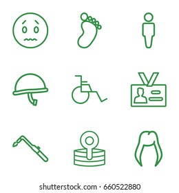 Person icons set. set of 9 person outline icons such as foot print, woman hairstyle, man, blowtorch, wheel chair, medical reflector, badge, war helmet