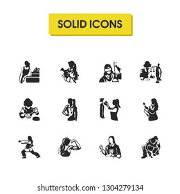 Person icons set with coach, interview and discovery elements. Set of person icons and trainer concept. Editable vector elements for logo app UI design.