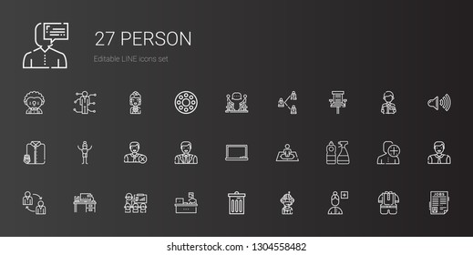 person icons set. Collection of person with add user, pilot, trash, working, presentation, desk, teamwork, window cleaner, position, blackboard. Editable and scalable person icons.