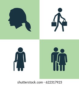 Person Icons Set. Collection Of Beloveds, Gentlewoman Head, Old Woman And Other Elements. Also Includes Symbols Such As Person, Woman, Man.