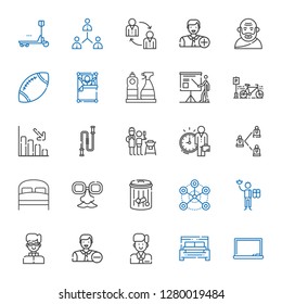 person icons set. Collection of person with blackboard, bed, employee, priest, worker, network, trash, face mask, father and son, jumping rope. Editable and scalable person icons.