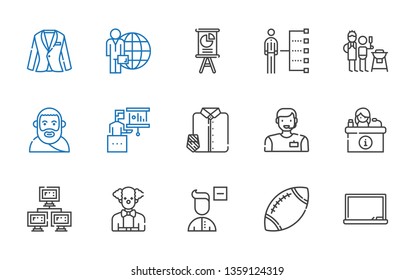 person icons set. Collection of person with blackboard, rugby, remove user, clown, network, desk, man, suit and tie, presentation, plato, father and son. Editable and scalable person icons.