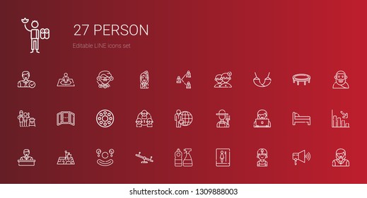 person icons set. Collection of person with clerk, toilet, window cleaner, swing, clown, position, employee, user, farmer, candidate, team. Editable and scalable person icons.