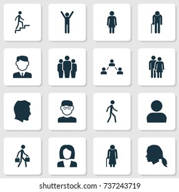 Person Icons Set. Collection Of Delivery Person, User, Network And Other Elements. Also Includes Symbols Such As Female, Head, Relation.