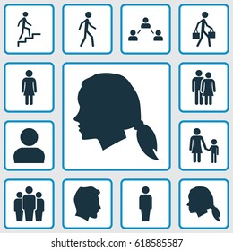 Person Icons Set. Collection Of Family, Gentlewoman Head, Beloveds And Other Elements. Also Includes Symbols Such As Walking, Gentleman, Person.