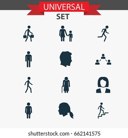 Person Icons Set. Collection Of Female, Running, Ladder And Other Elements. Also Includes Symbols Such As Family, Grandma, Gentlewoman.
