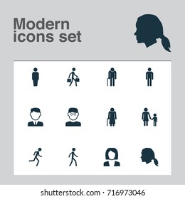 Person Icons Set. Collection Of Gentlewoman Head, Old Woman, Grandpa Elements. Also Includes Symbols Such As Family, Woman, Head.
