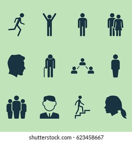 Person Icons Set. Collection Of Happy, Ladder, Gentleman And Other Elements. Also Includes Symbols Such As Businessman, Network, Gentlewoman.