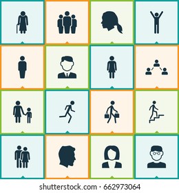 Person Icons Set. Collection Of Happy, Scientist, Gentlewoman Head And Other Elements. Also Includes Symbols Such As Jogging, Rejoicing, Female.