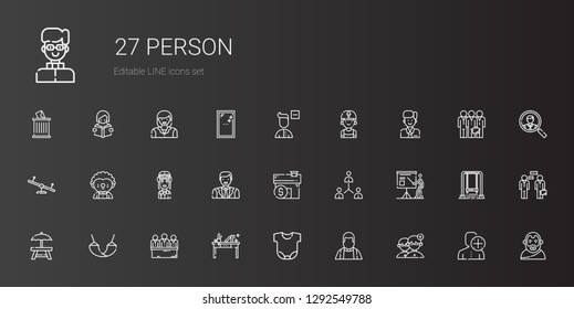 person icons set. Collection of person with people, priest, body, desk, candidates, hammock, rest area, presentation, network, mortgage, man. Editable and scalable person icons.
