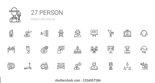 person icons set. Collection of person with pilot, user, employee, bed, duty, candidate, presentation, team, networking, mind, foot, desk. Editable and scalable person icons.