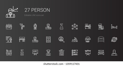 person icons set. Collection of person with presentation, skills, trash, clown, blackboard, window cleaner, friends, teacher, position, job search. Editable and scalable person icons.