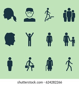 Person Icons Set. Collection Of Scientist, Old Woman, Group And Other Elements. Also Includes Symbols Such As Scientist, Head, Climbing.