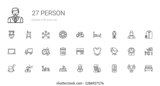 person icons set. Collection of person with speaker, professor, reading, position, bicycle, employee, girl, student, body, desk, trash, side view. Editable and scalable person icons.