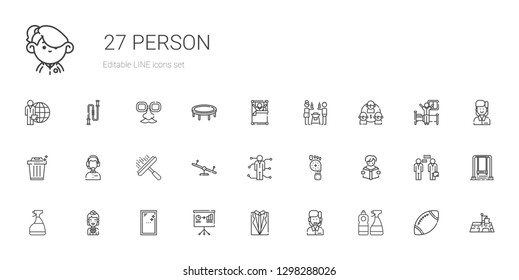 person icons set. Collection of person with window cleaner, customer service, suit, presentation, mirror, stewardess, reading, foot, skills. Editable and scalable person icons.