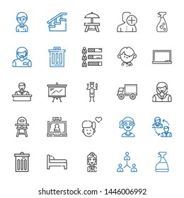 person icons set. Collection of person with window cleaner, network, stewardess, bed, trash, employees, girl, boy, video call, baby chair. Editable and scalable person icons.