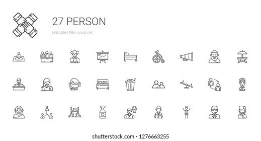 person icons set. Collection of person with woman, reading, employee, window cleaner, teamwork, network, socrates, swing, user, trash, bed. Editable and scalable person icons.