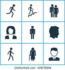 Person Icons Set. Collection Of Work Man, Running, Male And Other Elements. Also Includes Symbols Such As Jogging, Businesswoman, Woman.