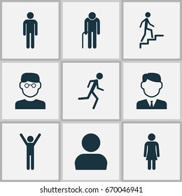 Person Icons Set. Collection Of Work Man, Happy, Gentleman And Other Elements. Also Includes Symbols Such As Mister, Businessman, Ladder.