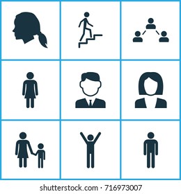 Person Icons Set. Collection Of Work Man, Ladder, Network And Other Elements. Also Includes Symbols Such As Family, Gentlewoman, Businessman.