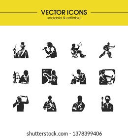 Person icons set with delivery man, karate man and lawyer elements. Set of person icons and justice concept. Editable vector elements for logo app UI design.