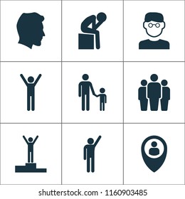 Person icons set with depression, rejoicing, pupil and other position elements. Isolated vector illustration person icons.