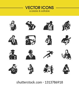 Person icons set with discovery, scuba and driver elements. Set of person icons and farmer concept. Editable vector elements for logo app UI design.