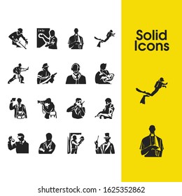 Person icons set with fireman, teacher and assistant elements. Set of person icons and scuba concept. Editable vector elements for logo app UI design.