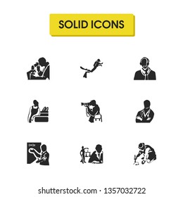 Person icons set with lawyer, archaeologist and diver elements. Set of person icons and telemarketing concept. Editable vector elements for logo app UI design.