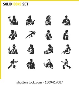 Person icons set with military, priestess and magician elements. Set of person icons and labor concept. Editable vector elements for logo app UI design.