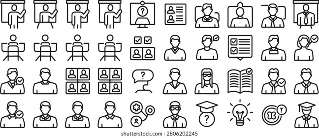 Person Icons Set with Office, Chat, User Profiles, Badges, Documents, and Education Elements for Hr and Communication
