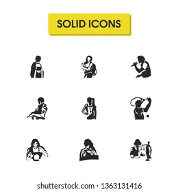 Person icons set with profession, priestess and military elements. Set of person icons and lawyer concept. Editable vector elements for logo app UI design.