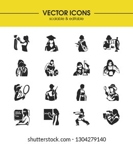 Person icons set with professor, tailor and rancher elements. Set of person icons and teacher concept. Editable vector elements for logo app UI design.