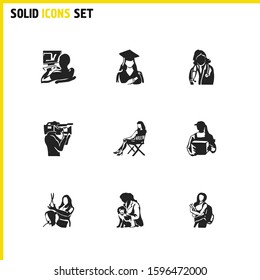 Person icons set with programmer, courier and cameraman elements. Set of person icons and developer concept. Editable vector elements for logo app UI design.