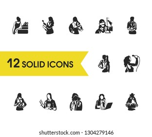 Person icons set with sportswoman, medic and gardening elements. Set of person icons and seller concept. Editable vector elements for logo app UI design.
