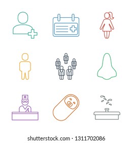 person icons. Trendy 9 person icons. Contain icons such as fountain, newborn child, doctor, nose, group, man, woman, medical appointment, add friend. person icon for web and mobile.
