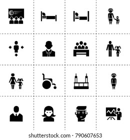 Person icons. vector collection filled person icons. includes symbols such as lecturer, businessman, woman, classroom, skycrapers cleaning. use for web, mobile and ui design.