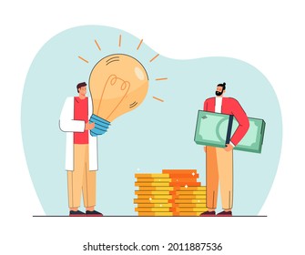 Person with idea applying to investor for financing. Flat vector illustration. Inventor with giant burning light bulb and businessman with lot of money. Funding, project, support, partnership concept