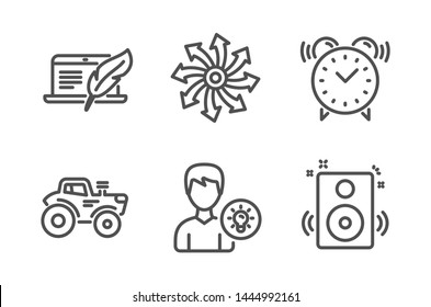 Person idea, Copyright laptop and Versatile icons simple set. Tractor, Alarm clock and Speakers signs. Lamp energy, Writer device. Technology set. Line person idea icon. Editable stroke. Vector