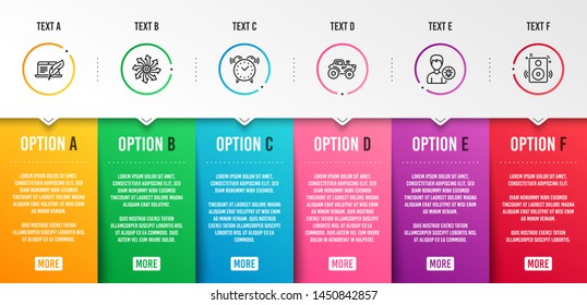 Person idea, Copyright laptop and Versatile icons simple set. Tractor, Alarm clock and Speakers signs. Lamp energy, Writer device. Technology set. Infographic template. 6 steps timeline. Vector