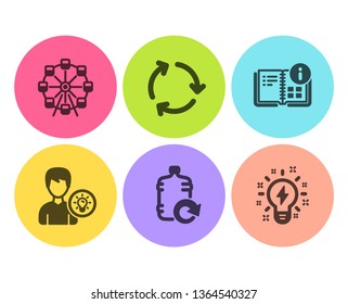 Person idea  Ferris wheel   Recycling icons simple set  Refill water  Instruction info   Inspiration signs  Lamp energy  Attraction park  Business set  Flat person idea icon  Circle button  Vector