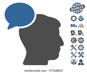Person Idea icon with bonus settings clip art. Vector illustration style is flat iconic cobalt and gray symbols on white background.
